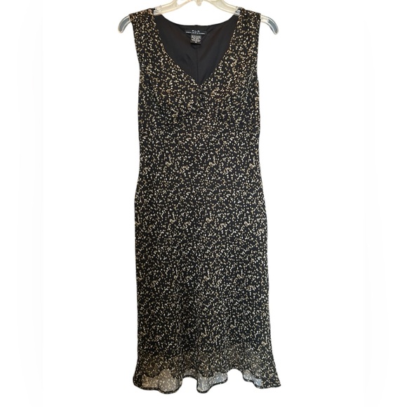 FLP Sheer Polka Dot Beige Black Y2K 90s Knee Length Ruffle Hem Shift Dress 10 - Picture 1 of 9